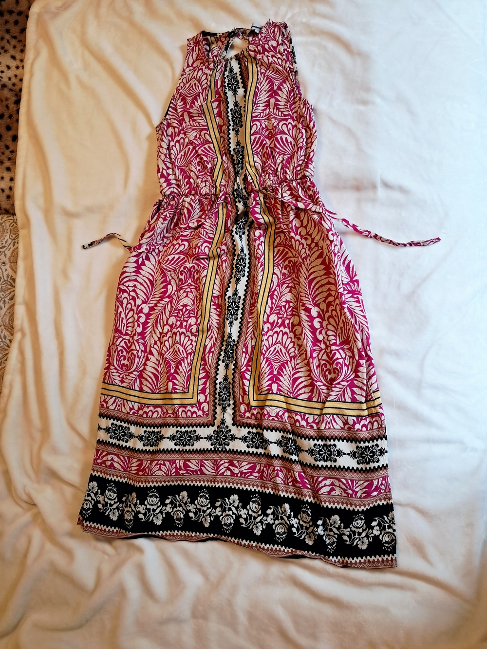 LOFT Pink, Yellow & Black Printed Midi Dress PS